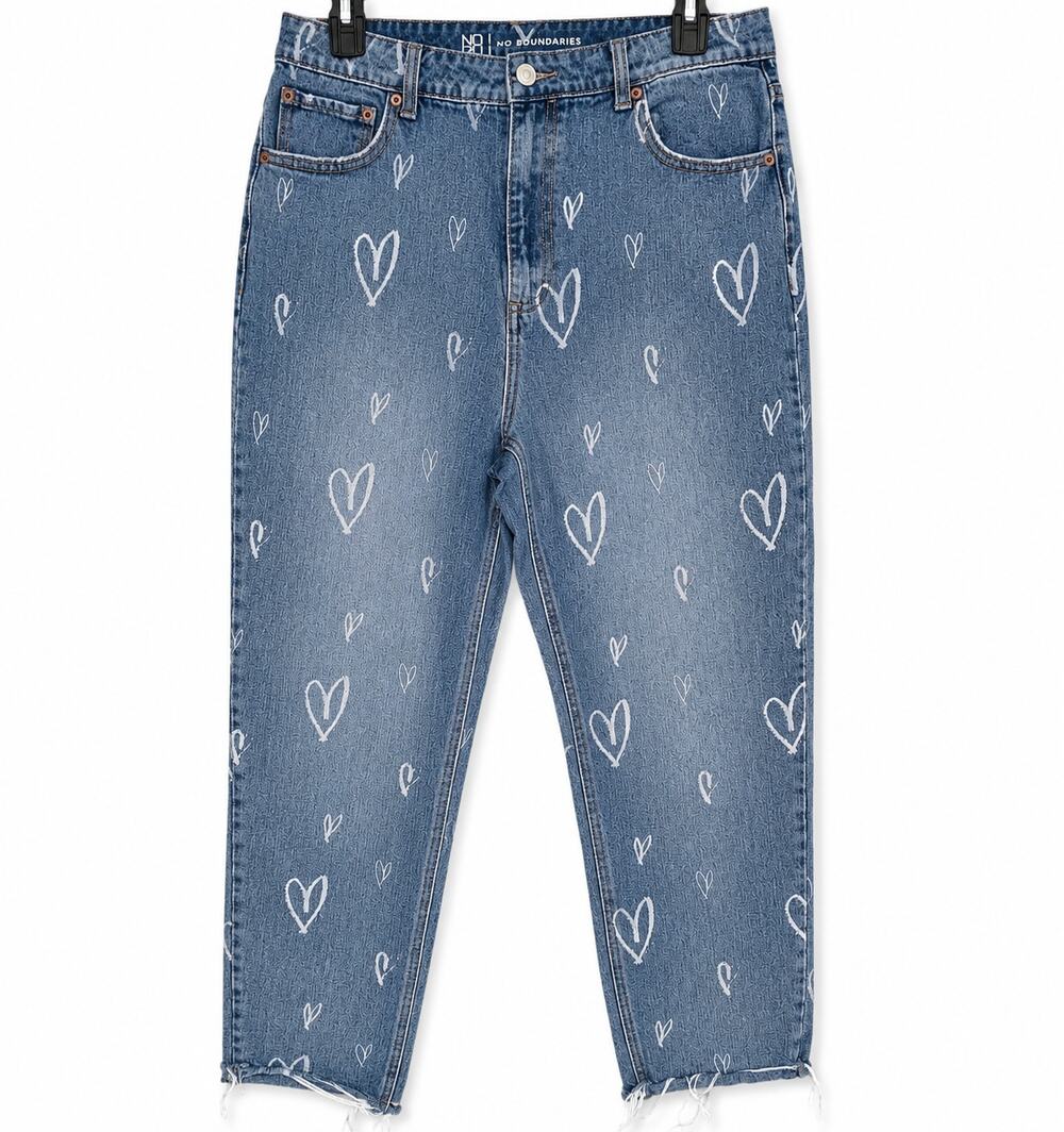 No Boundaries Juniors Jeans Size 11 Blue Cotton Blend Heart Print Straight Leg